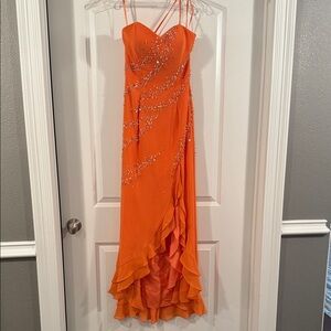 Chic Orange High Low Dress with Embellishments